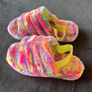 UGG Kids Multicolor Faux Fur One-Piece Footies with Yellow Branded Strap